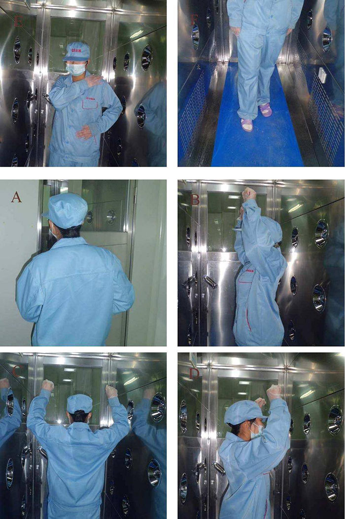 進入風(fēng)淋室前無塵服應(yīng)穿著得當(dāng)，袖口和領(lǐng)口需拉緊，避免衣物內(nèi)外的塵埃進入。